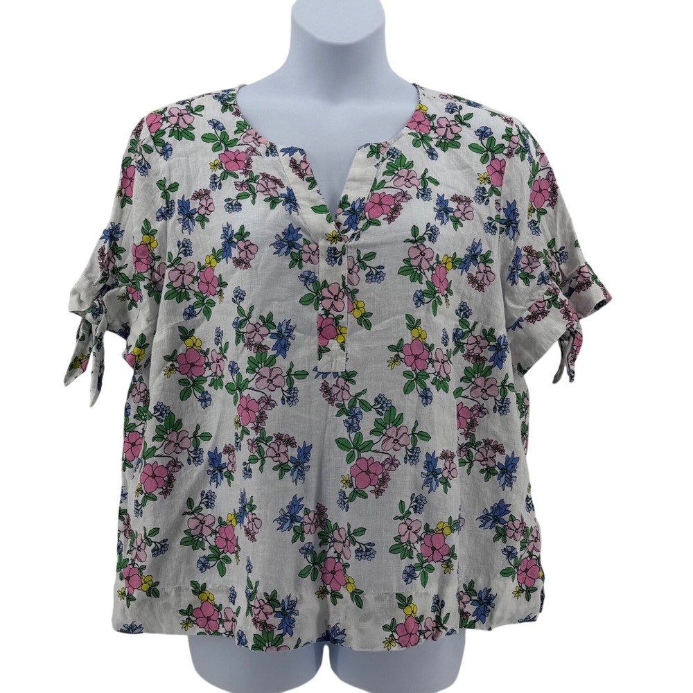 Charter Club Luxury Linen Floral Blouse Women XXL White Pink Blue Short Sleeve